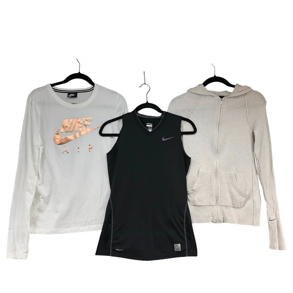 Nike Activewear Lot Womens S PL White Black Oatmeal Hoodie Tank Shirt 3 Piece